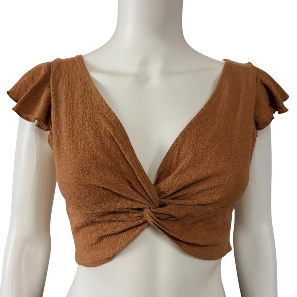 Brown Front Twist Smocked Crop Top Coquette Cottagecore Ruffle Sleeve Fairy M